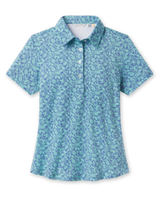 Huli Polo in Tidal Blue with tropical leaf print, front view
