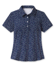 Sprinkles Polo in New Indigo with scattered floral print, front view