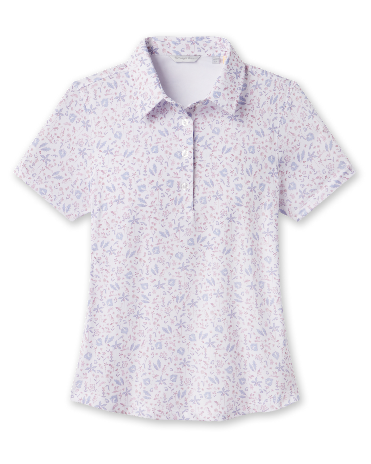 Front product view of the Wonderland Polo in White showcasing a floral print