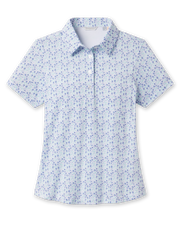 Palm Island Polo in Tidal blue with tropical floral print, front view