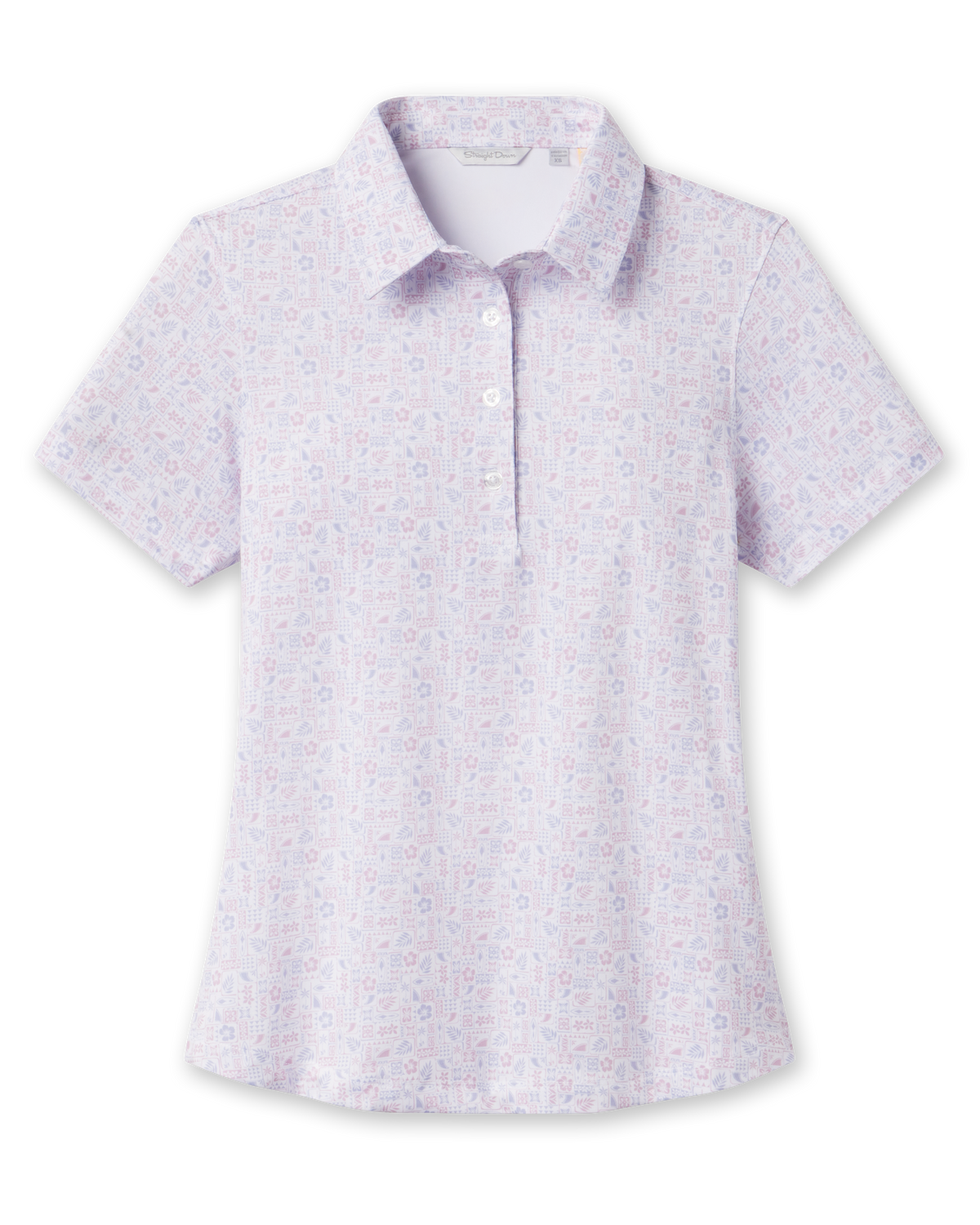 Women's Lanakai Polo in Cosmic with a white base and pastel Hawaiian block-inspired print