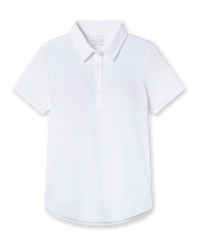 Women's Abbot Polo in White, flat lay front view featuring a white short-sleeve polo with spread collar and curved hem