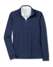 Women's Aero Quarter Zip in New Indigo, flat lay front view featuring a solid navy waffle knit texture with a quarter zip closure