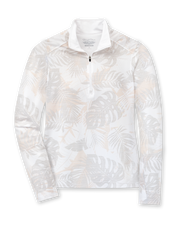 Women's Flora Quarter Zip in White, flat lay front view featuring an allover tropical leaf print in soft tan and grey tones on a white base with a quarter zip closure and stand-up collar