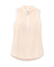 Orchard Sleeveless Polo in Bellini, flat lay front view featuring a peach sleeveless polo with an allover white delicate leaf and vine print, stand collar, white zip hardware, and white armhole trim