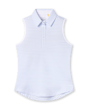 Women's Juno Stripe Sleeveless Polo in Glacier, flat lay view front featuring a white sleeveless polo with a blue and mint multi-stripe pattern, spread collar, and two-button placket