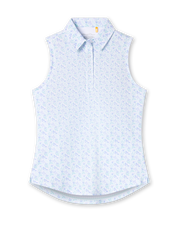 Women's Costa Rica Sleeveless Polo in Green Stone, flat lay view front featuring a white sleeveless polo with an allover small floral and leaf print in blue and mint green tones, spread collar, and three-button placket