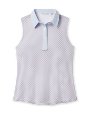 Front product view of the Milano Sleeveless Polo in Lake, featuring a small geometric print, light blue contrast collar and placket, and sleeveless silhouette.