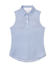 Milano Sleeveless Polo in Gemstone, flat lay front view featuring a white base with navy geometric medallion allover print pattern