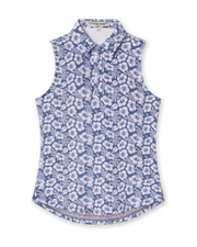Moloka'i Sleeveless Polo in Moonlight, flat lay front view featuring a slate blue base with a white hibiscus and tropical leaf print