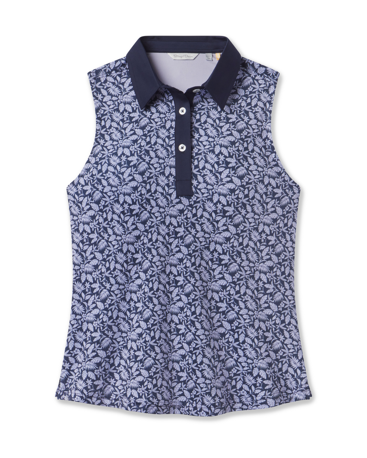 Women's Huli Sleeveless Polo in New Indigo featuring an allover tropical leaf and floral print in soft lavender tones on a deep indigo background, with a solid indigo collar