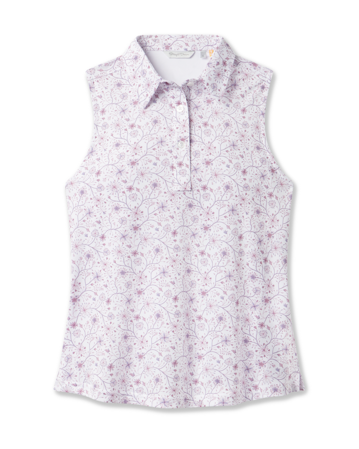 Women's Erika Sleeveless Polo in White featuring a delicate allover floral vine print in soft pink and lavender tones on a white background