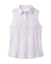 Women's Erika Sleeveless Polo in White featuring a delicate allover floral vine print in soft pink and lavender tones on a white background