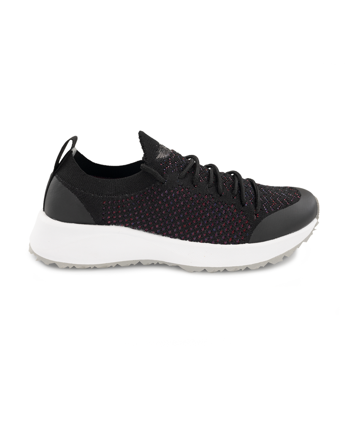 Women's Swing Shoe in Black, side view featuring a black multi-color speckled knit upper with black overlays, Straight Down logo, white midsole, and grey outsole