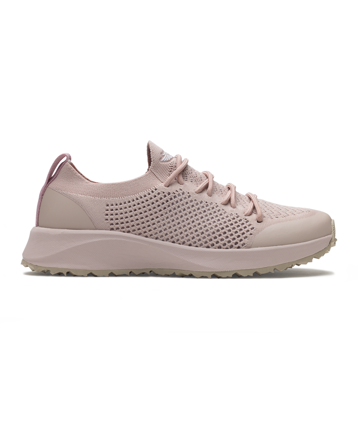 Women's Swing Shoe in Rosewine, side view featuring a tonal blush pink knit upper with matching overlays, Straight Down logo, blush midsole, and tan outsole