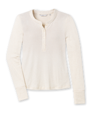Women’s cream long sleeve henley top with soft knit fabric, button placket neckline, and ribbed cuffs.