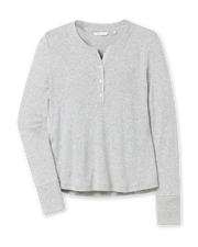 Women’s light grey long sleeve henley top with soft knit fabric, button placket neckline, and ribbed cuffs.