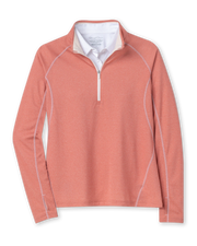 Women's Anza Quarter Zip in Cedar, flat lay front view featuring a solid cedar heather quarter zip with white contrast stitching detail and white collar interior