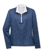 Women's Galaxy Quarter Zip in New Indigo, flat lay front view featuring an allover scattered polka dot print in white and teal on a navy base with a quarter zip closure and stand-up collar