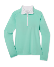Clara Quarter Zip in Cascade with lightweight stretch fabric, white contrast collar, and quarter-zip front view
