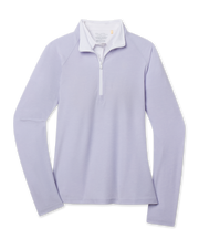Clara Quarter Zip in Cosmic Blue featuring a pale blue hue, long raglan sleeves, and contrast white quarter-zip placket