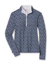 Women's Flores Quarter Zip in New Indigo, flat lay view front featuring a navy long sleeve quarter zip pullover with an allover small floral print in white and mint green tones, mock neck collar, and white zipper with a white interior collar lining