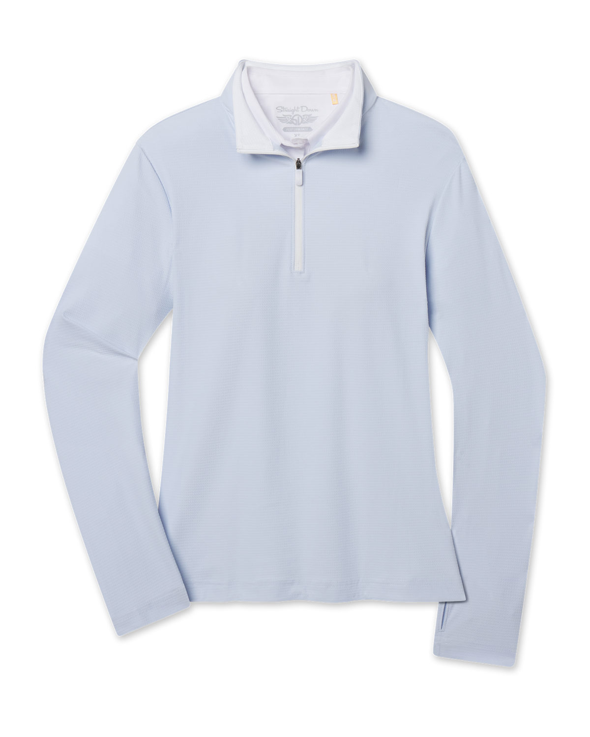 Mylite Quarter Zip in Lake blue with textured stretch fabric, front view