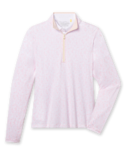 Royal Orchid Quarter Zip in Pearl, flat lay front view featuring a white base with pink floral line-drawn allover print pattern and blush contrast collar lining