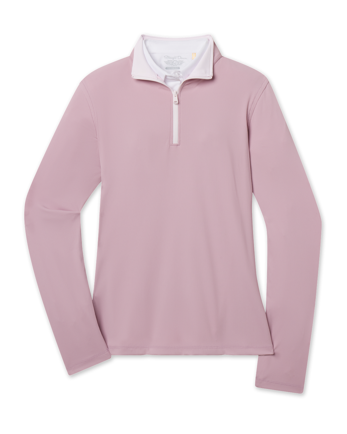 Skyler Quarter Zip in Pink Dawn featuring a soft pink hue, long sleeves, and contrast white quarter-zip closure