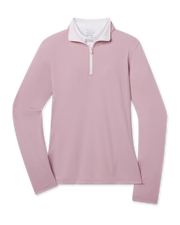 Skyler Quarter Zip in Pink Dawn featuring a soft pink hue, long sleeves, and contrast white quarter-zip closure