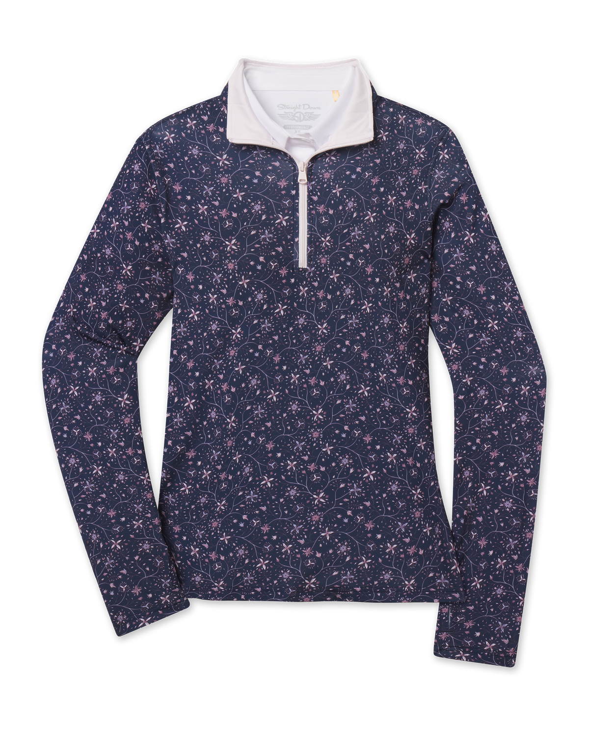 Women's Erika Quarter Zip in New Indigo featuring an allover floral vine print, long sleeves, and a contrast white quarter-zip collar