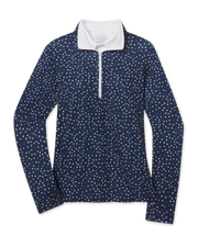 Sprinkles Quarter Zip in New Indigo with scattered floral print, front view