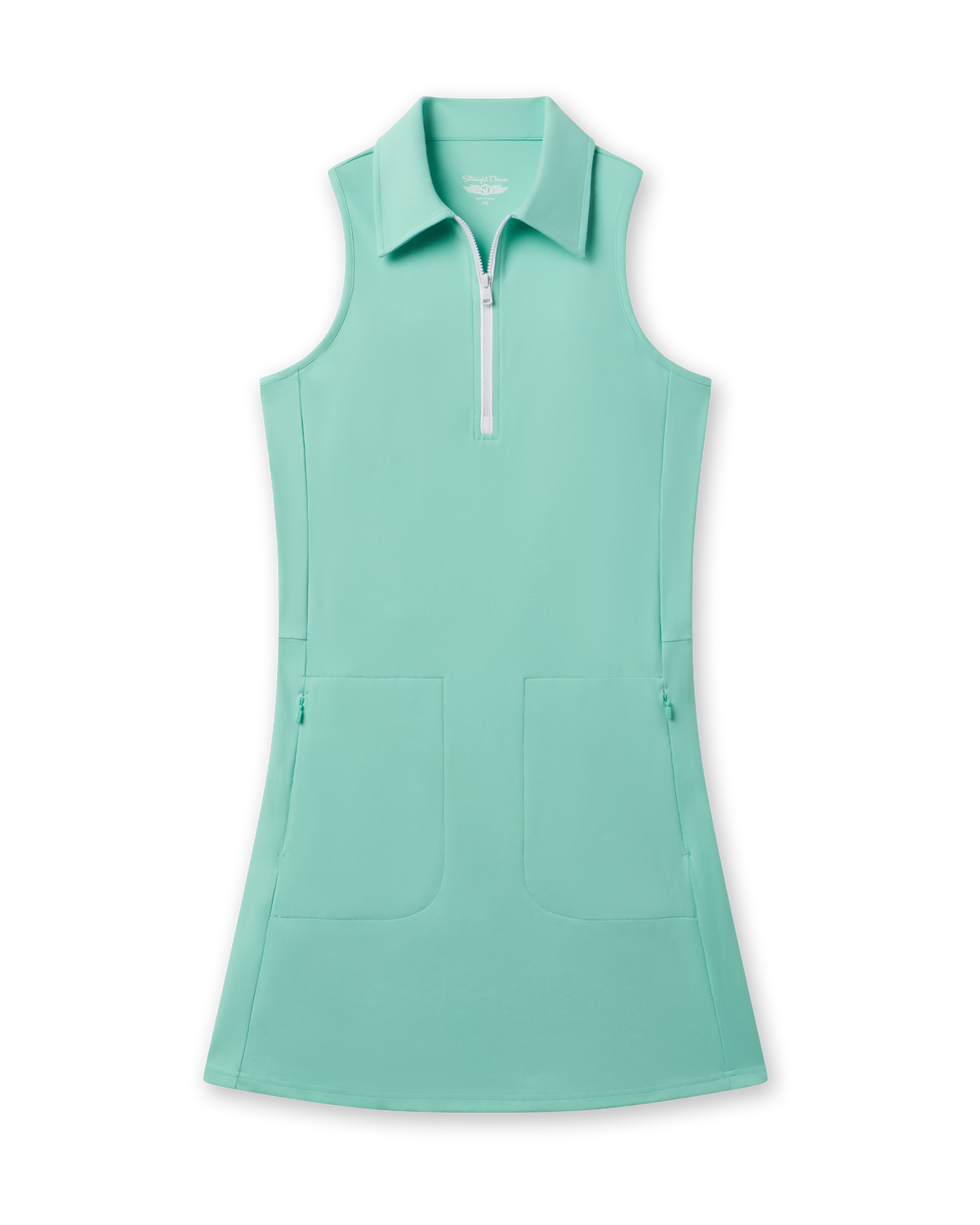 Greta Dress in Cascade Green with sleeveless zip collar design, front view