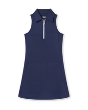 Women's Greta Dress in New Indigo, flat lay front view featuring a solid sleeveless construction with a quarter zip white closure, spread collar, and zip side pockets