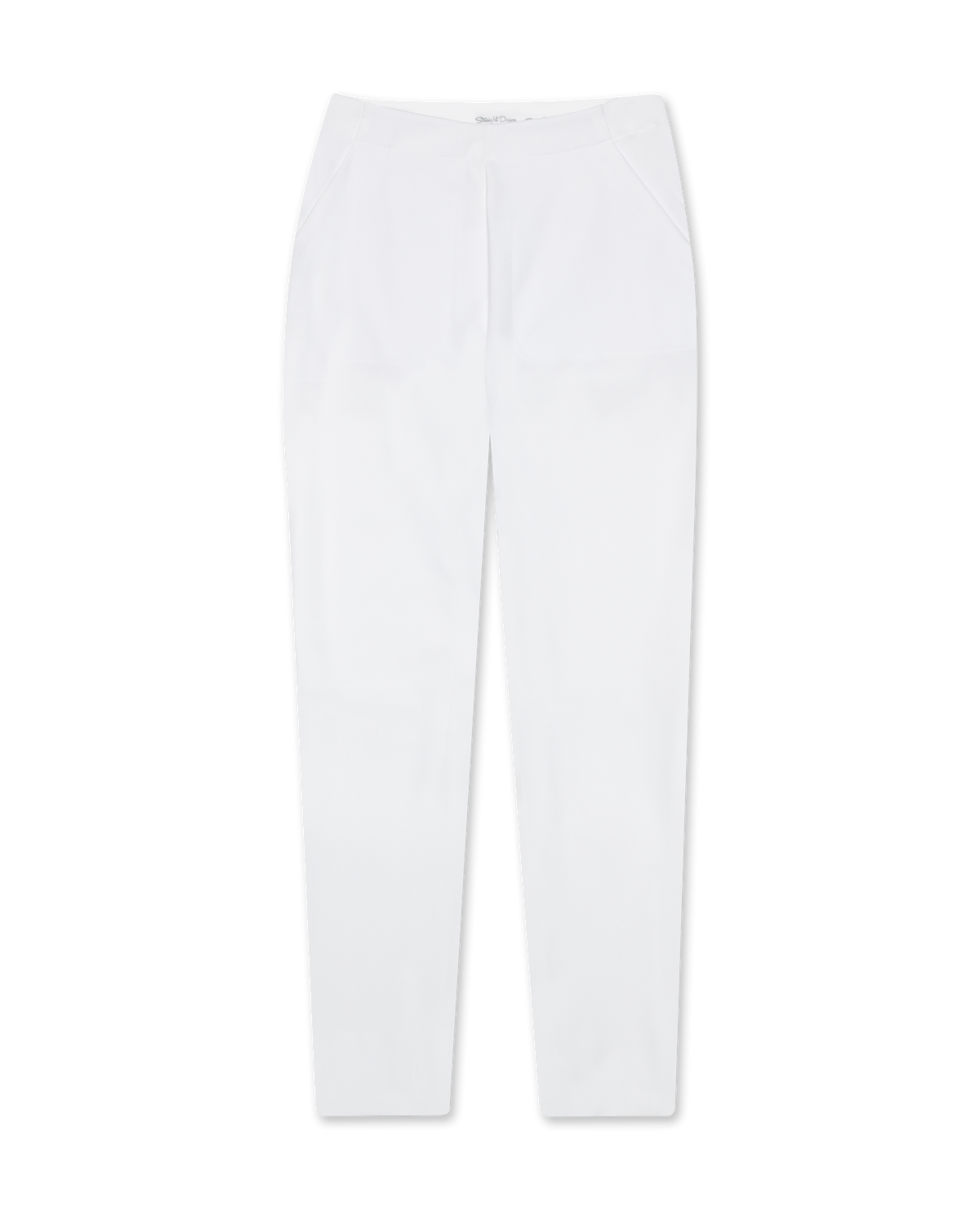 Women's Lexi Pant in White, flat lay front view featuring a solid white tapered leg with an elastic waistband and clean front seam