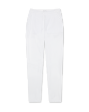 Women's Lexi Pant in White, flat lay front view featuring a solid white tapered leg with an elastic waistband and clean front seam