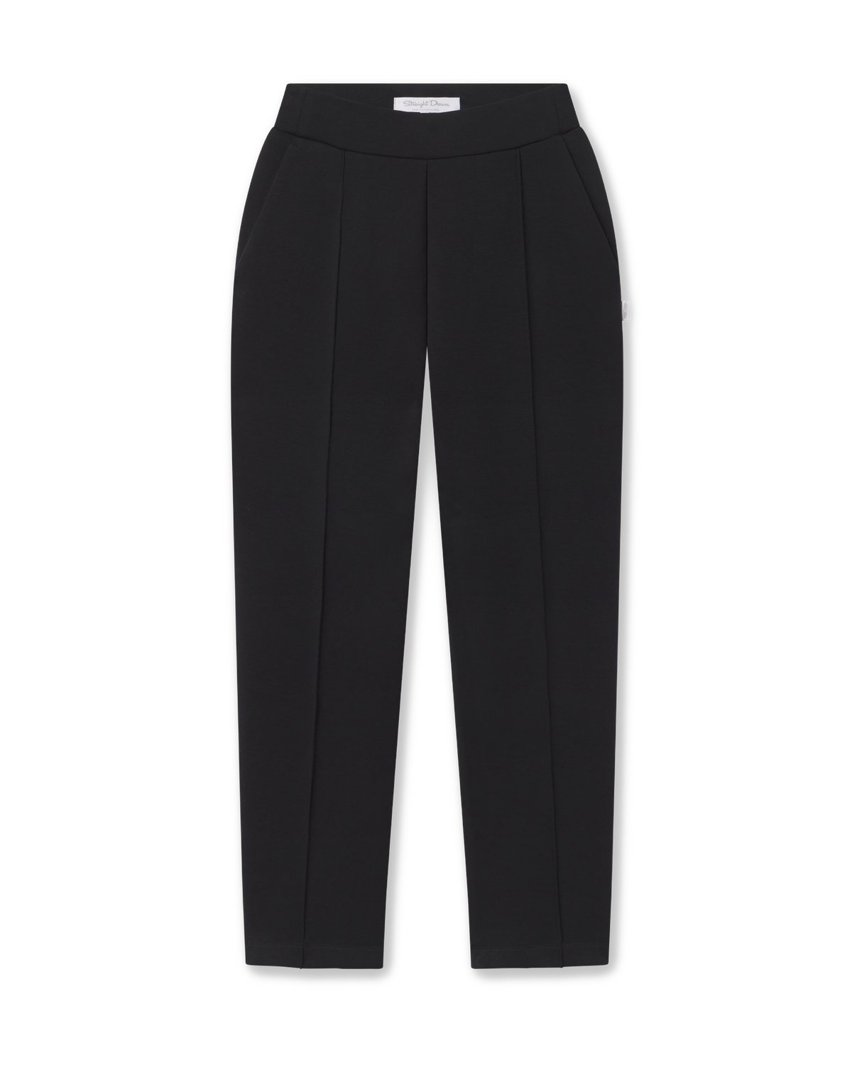 Black tailored trousers with a high waist and front crease, shown flat against a white background.