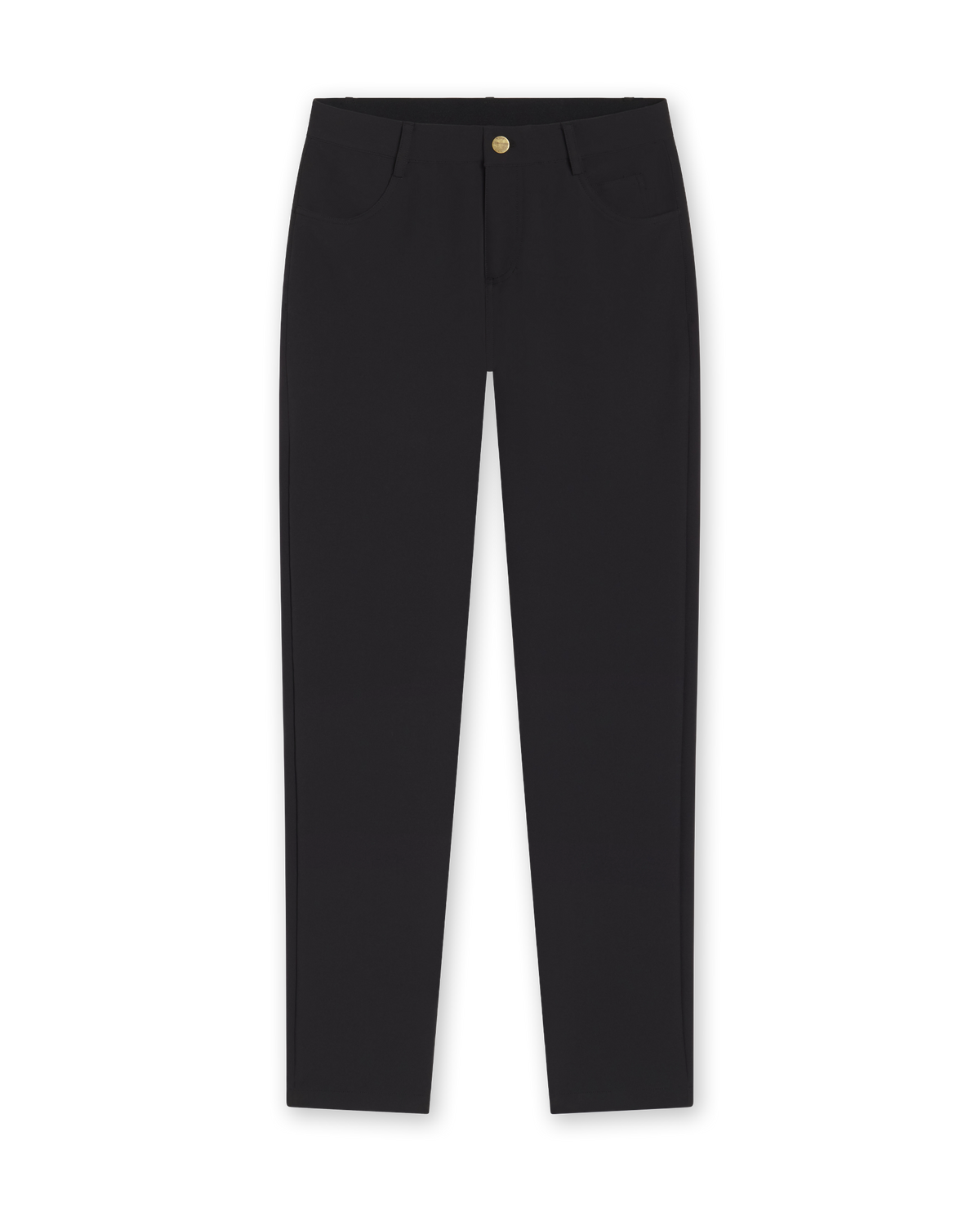 Women's Stride Pant in Black, flat lay front view featuring solid black fabric, front hip pockets, gold logo button closure, and a tapered leg