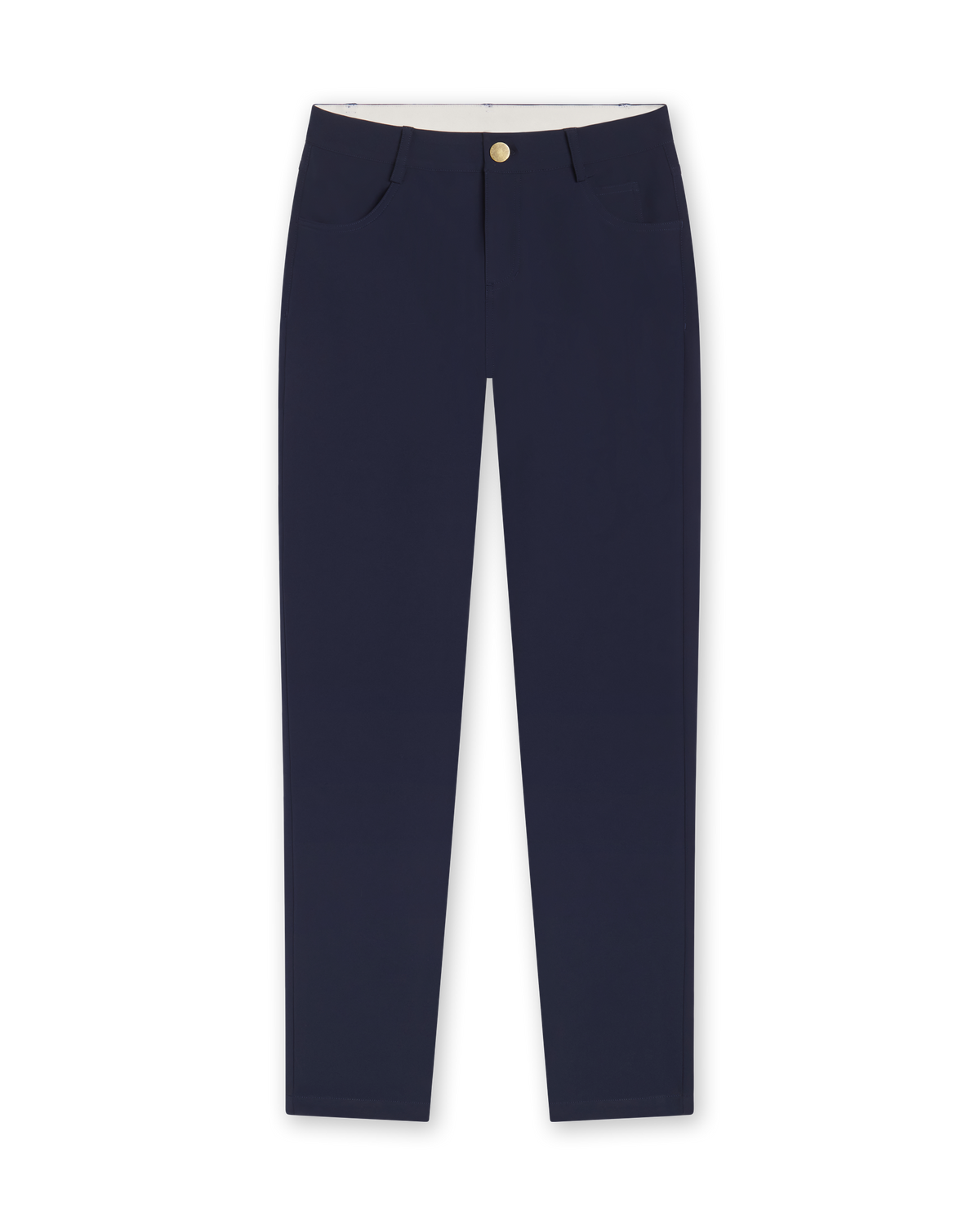 Women's Stride Pant in New Indigo, flat lay front view featuring solid navy fabric, front hip pockets, gold logo button closure, and a tapered leg