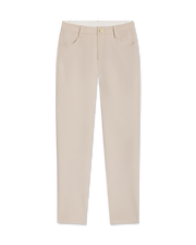 Women's Stride Pant in Stone, flat lay front view featuring solid light tan fabric, front hip pockets, gold logo button closure, and a tapered leg