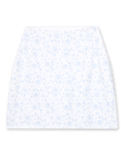 Women's Ava Skort in Powder, flat lay front view featuring an allover scattered floral print with light blue blooms on a white base