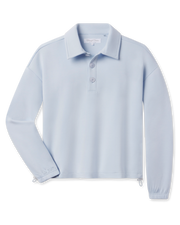 A light blue long-sleeve polo shirt with a buttoned collar and three-button placket, displayed flat.