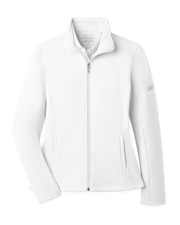 Women's Swing Jacket in White, flat lay front view featuring a solid white ribbed texture fabric, full zip closure, stand collar, front hip pockets, contrast smooth side panels, and Straight Down logo patch on the sleeve