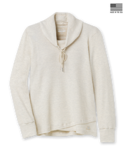 Women's Misty Top in Oatmeal, flat lay front view featuring solid warm off-white waffle knit fabric, shawl collar with drawstring tie, long sleeves with ribbed cuffs, crossover hem, and Straight Down logo patch at the hip