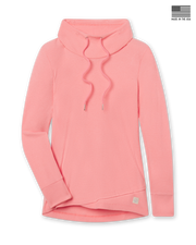 Women's Misty Top in Spritz, flat lay front view featuring solid coral pink waffle knit fabric, shawl collar with drawstring tie, long sleeves with ribbed cuffs, crossover hem, and Straight Down logo patch at the hip