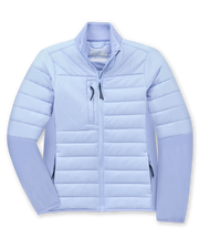 Straight Down Women's Pines Jacket in Powder, flat lay view showing light blue quilted body with stretch side panels, full zip closure, chest zip pocket, and zip hand pockets