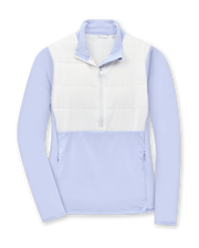 Women's Althea Half Zip in Lavender, flat lay front view featuring a lavender and white color block quilted chest panel with quarter zip closure and zip pockets