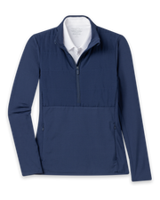 Women's Althea Half Zip in New Indigo, flat lay front view featuring a solid navy quilted chest panel with quarter zip closure and zip pockets