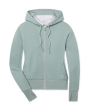 Eliza Hoodie in Herb featuring textured waffle knit, a full-zip front, drawcord hood, front pockets, ribbed hem, and thumbhole cuffs.