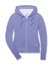 Women's Eirene Hoodie in Blue Shade, flat lay front view featuring a waffle knit construction with a full zip closure, drawstring hood, side pockets, ribbed cuffs and hem, and embroidered Straight Down logo, layered over a white collared shirt